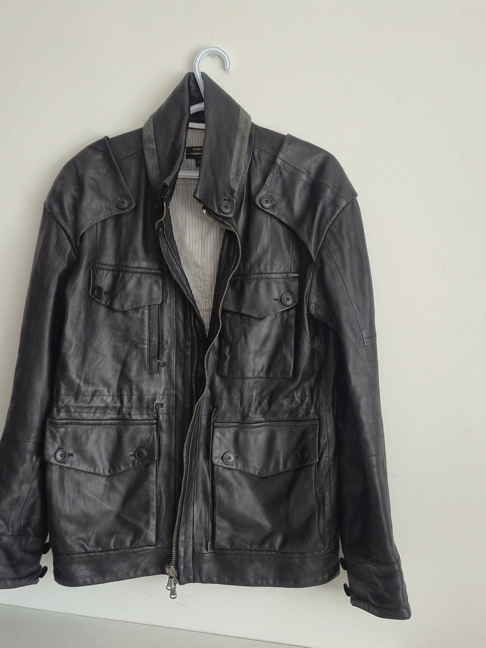 Diesel Black Gold Dark Academia Minimalist Leather Utility Jacket, M